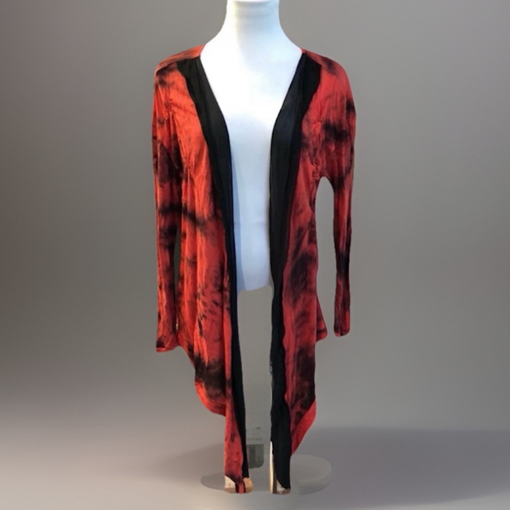 BoHo Hippie CHIC Tie Dye Black Red Draping Layering Sheer Thin Sweater Jacket